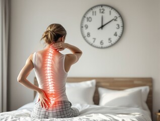 Woman sitting on bed holding neck and lower back in pain, glowing spine illustration, in bedroom with soft daylight, concept of spinal discomfort. Ai generative