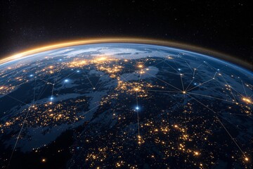Planet Earth from space showing glowing lights and connected data nodes, digital style on cosmic background, concept of global communication. Ai generative