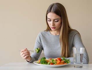Woman with long hair eating broccoli from plate of vegetables, minimalist indoor setting, neutral background, concept of healthy food lifestyle. Ai generative