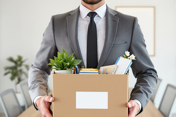 Businessman in gray suit holding office box with folders, stationery, and plants, corporate interior background, concept of resignation or layoff, Ai generative