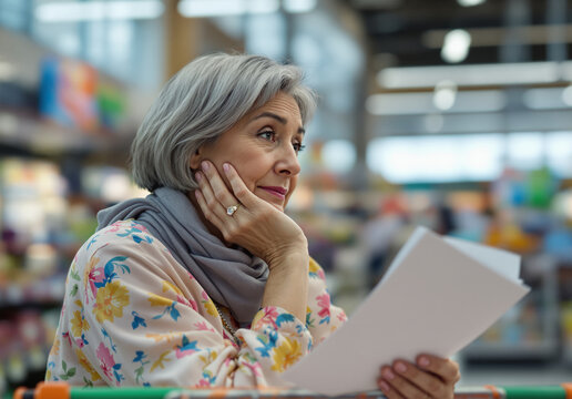 Elderly woman holding a paper with thoughtful expression in supermarket, photographic style, blurred grocery store background, concept of decision making. Ai generative