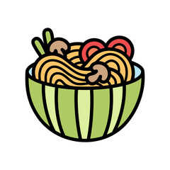 Simple illustration of a light green bowl filled with delicious ramen noodles and assorted toppings including mushrooms and sliced tomatoes against a transparent background
