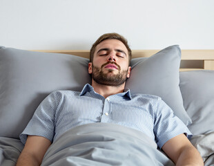 Man sleeping in bed with gray bedding, casual shirt, indoor setting with neutral background, concept of rest and relaxation, Ai generative