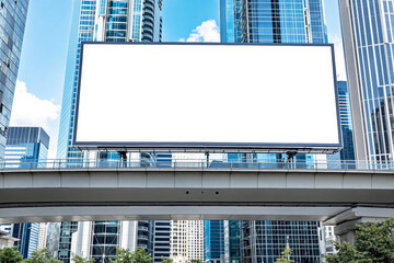 Large blank billboard on elevated walkway in modern city with tall glass buildings, clear sky background, concept of urban advertising, Ai generative
