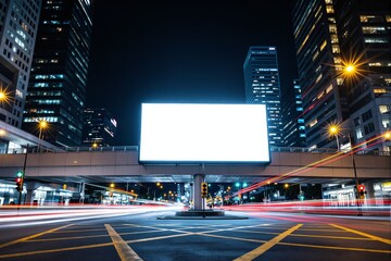Illuminated blank billboard above city street with light trails below, skyscrapers in background, night cityscape concept of creative advertising. Ai generative