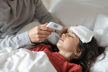 Sick girl lying in bed with eyes closed, adult checking her temperature using digital thermometer, cozy home background, concept of caregiving. Ai generative