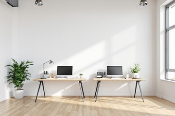 Clean modern office with two desks, computers, green plants, and accessories in minimal style on bright wooden floor and white wall background. Concept of creative workspace. Ai generative