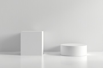 White geometric cube and cylinder podiums displayed in a clean minimal studio setup on a light background, concept for creative product presentation. Ai generative