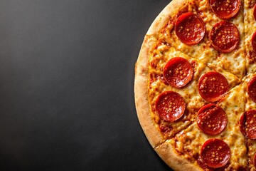 Tasty pepperoni pizza with melted cheese on golden crust, placed on dark textured background. Creative food concept for menu or advertisement. Ai generative