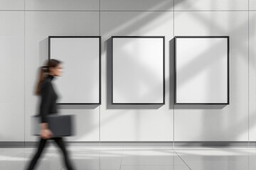 Woman in motion walking past three empty portrait posters in a modern hallway, minimalistic style, white wall background, concept of advertising space, Ai generative
