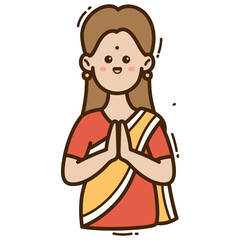 Woman in Traditional Sari with Hands in Prayer Pose on Transparent Background Doodle Illustration for Cultural Celebration
