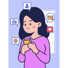 Woman Using Smartphone Surrounded by Social Media Icons on Transparent Background with Purple Sweater and Short Black Hair