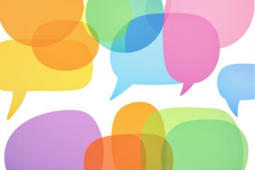 Multicolored translucent speech bubbles overlapping creatively on a white background, representing a concept of dialogue, communication, and expression. Ai generative