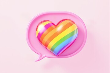 Rainbow striped heart inside a pink speech bubble on a soft pink background, glossy colorful style, concept of LGBTQ+ pride and love, Ai generative