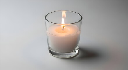 A single candle in a glass holder, placed on white background