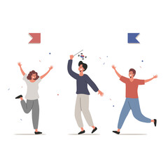 Three Happy People Celebrating with Confetti on Transparent Background Pixel Art Style