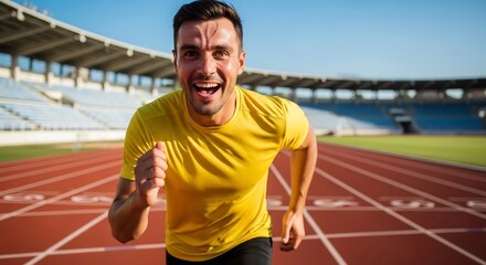 Obraz premium Excited man in yellow shirt running on track at stadium