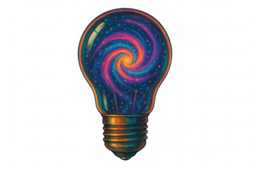 Light bulb containing a colorful swirling galaxy, illustrating a creative idea, universe, and innovation concept