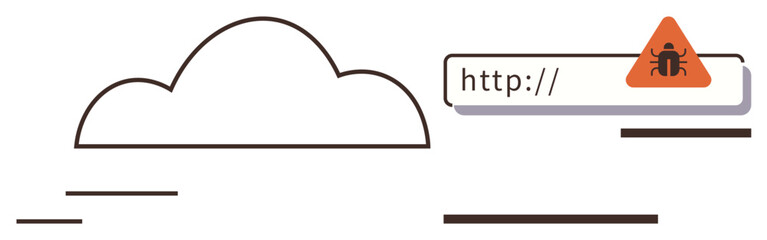 Cloud outline with a browser URL bar showing a malware warning. Ideal for cybersecurity, online threats, data safety, cloud risks, secure browsing, antivirus awareness, simple flat metaphor