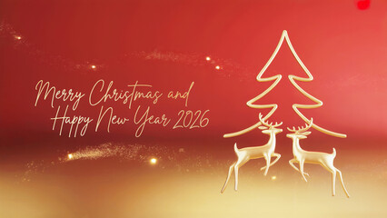Merry Christmas 2026 background with golden reindeer and elegant Christmas tree, luxury Merry Christmas 2026 greeting design, festive Merry Christmas 2026 card on red background
