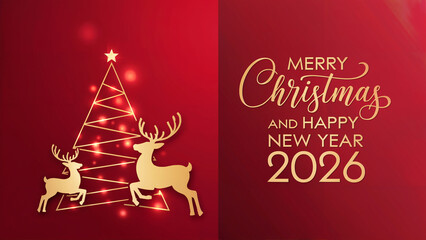Merry Christmas 2026 background with golden reindeer and elegant Christmas tree, luxury Merry Christmas 2026 greeting design, festive Merry Christmas 2026 card on red background