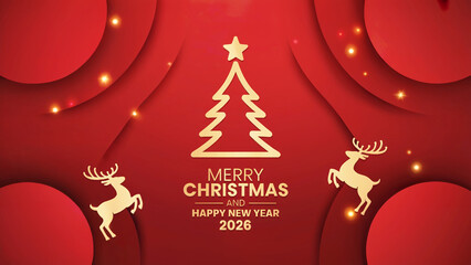 Merry Christmas 2026 background with golden reindeer and elegant Christmas tree, luxury Merry Christmas 2026 greeting design, festive Merry Christmas 2026 card on red background