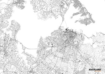 Fototapeta premium Zoomed monochrome map of Auckland showing detailed highway & road networks with urban density — ideal for urban planning, design mockups, or geographic visualization.
