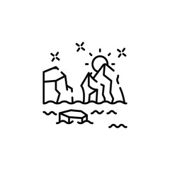 Simple Line Art Drawing Of Mountains And Water Under A Bright Sun With Stars Sparkle Effect On A Transparent Background