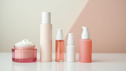 Assortment of cosmetic products arranged in a row, showcasing a variety of skincare essentials with pink and white containers, reflecting a light, airy composition for beauty and wellness.
