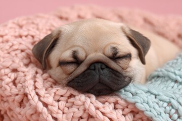 Adorable sleeping pug resting on a cozy pink blanket