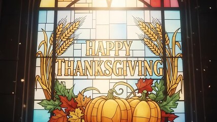 Happy Thanksgiving stained glass animation, with wheat, pumpkins, and autumn leaves. Festive holiday graphics, for celebrations, religious events, digital cards, family greetings, and invitations.