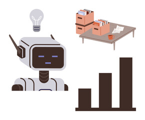 AI robot with lightbulb representing ideas, desk with arranged documents symbolizing work organization, and bar graph showing growth. Ideal for innovation, technology, data analysis, office