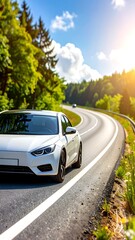 White car on a sunny winding road through a forest