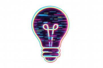 Light bulb with digital glitch effects representing technology, innovation, and creative ideas, transparent background