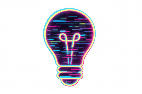 Light bulb with digital glitch effects representing technology, innovation, and creative ideas, transparent background - Powered by Adobe