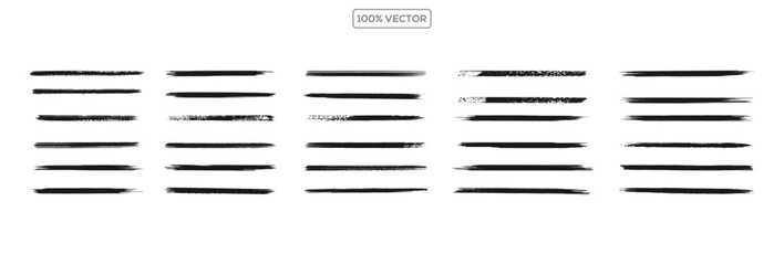 Set of bold dried brush strokes isolated on white, including grunge acrylic textures, hand-drawn thick lines illustration