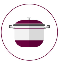 A Burgundy And White Cooking Pot With A Lid Centered Inside A Thin Burgundy Circle On A Transparent...