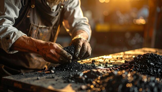 Close-up view of a blacksmith's grimy hands carefully sorting through raw pieces of coal on a workbench in a rustic forge
