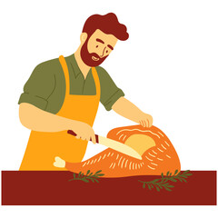 Cheerful man carving delicious Thanksgiving turkey with a sharp knife ready for family feast, a delightful celebration of home cooking and festive joy, perfect for holiday promotions