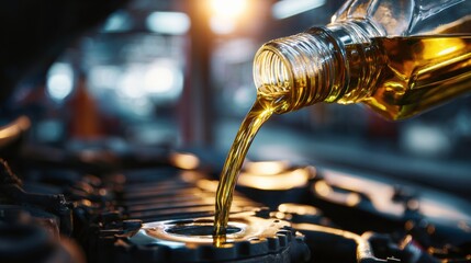Naklejka premium Engine Oil Being Poured Into a Vehicle in a Garage Setting During Late Afternoon Hours