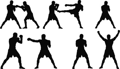  Boxing fighter silhouettes, martial arts training poses, kickboxing movements, sparring athletes in action, fitness sports illustration, combat workout vector, gym exercise concept