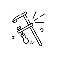 Simple Line Art Illustration of a C Clamp With Sparkles and Geometric Shapes on a Transparent Background