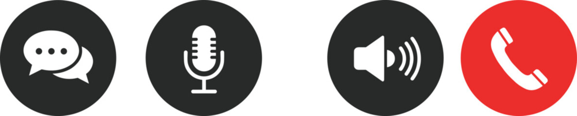  Communication icons set vector, chat bubble, microphone, speaker, phone call symbol collection, multimedia contact design concept, black and red circle illustration