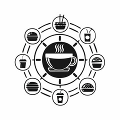 Food and Drink Icons. Solid style icons of food and drink: coffee cup, burger icon, pizza slice, wine glass, salad bowl, noodle