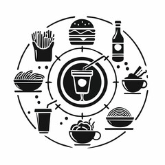 Food and Drink Icons. Solid style icons of food and drink: coffee cup, burger icon, pizza slice, wine glass, salad bowl, noodle