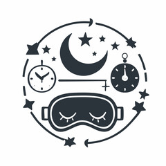 Solid style icons of sleep and recovery: sleep mask, moon and stars, bedtime alarm, sleep tracker, quiet room icon, deep sleep symbol, pillow and blanket, wind-down light.