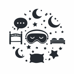 Solid style icons of sleep and recovery: sleep mask, moon and stars, bedtime alarm, sleep tracker, quiet room icon, deep sleep symbol, pillow and blanket, wind-down light.