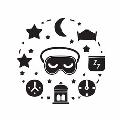 Solid style icons of sleep and recovery: sleep mask, moon and stars, bedtime alarm, sleep tracker, quiet room icon, deep sleep symbol, pillow and blanket, wind-down light.