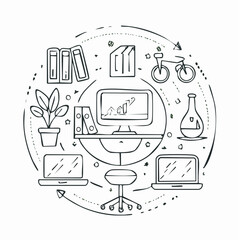 Line style icons of workplace wellbeing: water break, desk stretch, standing desk, wellness break, nap pod, ergonomic chair, nature plant, work-life balance.