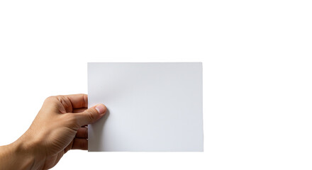 Hand holding blank paper isolated on transparent background